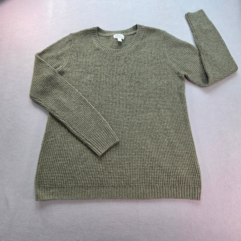 Market & Spruce Womens Olive Green Waffle Knit Sweater Large Boho Cozy Casual